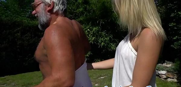  Euro teen drilled outdoors by lucky grandpa